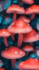 Macro study of dewy red mushrooms in cool cyan habitat