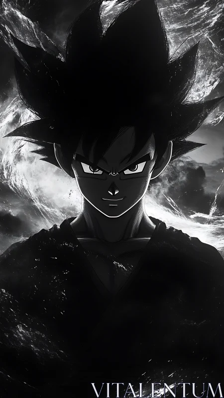 Monochrome anime warrior silhouette with swirling energy field.