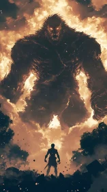 Lone warrior stands brave before a towering fire titan.