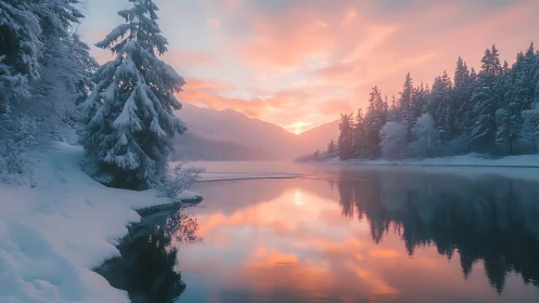 Snow-soft forest cradles a rose-gold winter lake at dawn.