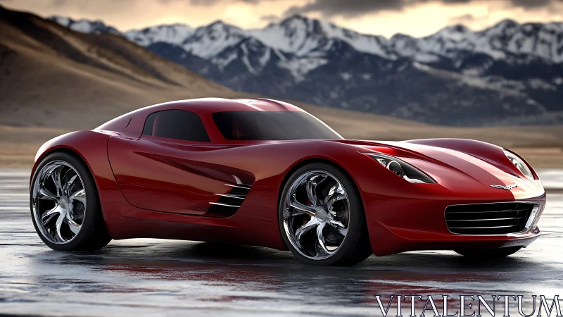 Crimson supercar prowls icy flats beneath sculpted mountains.