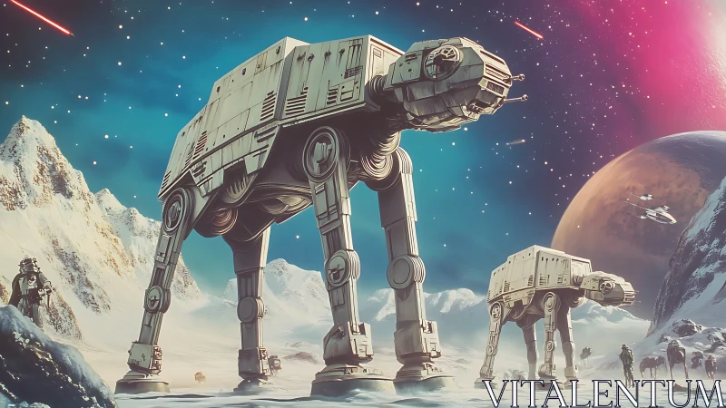 Giant sci fi walkers advance across a frozen alien battlefield