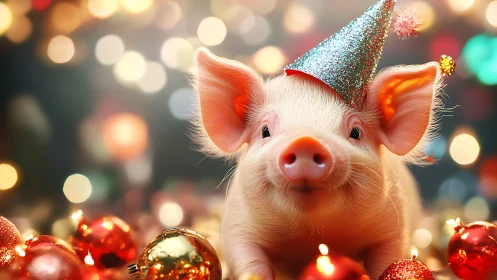Festive piglet wears glitter hat among holiday lights.