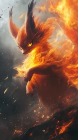 Fiery fox-like creature in swirling orange and black flames.