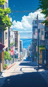 Sunlit seaside city slope with blue sky and clouds.