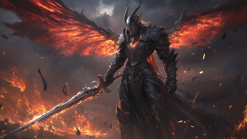 Infernal warlord crowned in ember wings and molten steel.
