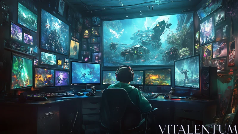 Immersive gamer battle station with sci fi displays.