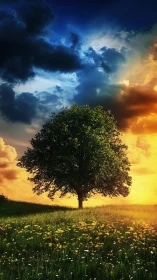 Solitary meadow tree under dual dusk and storm sky panorama.