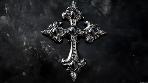 Baroque silver cross with dark cabochon gems on black marble.