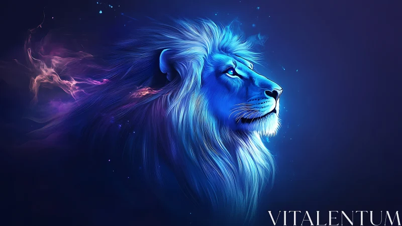 Blue neon lion profile with glowing cosmic mane art.