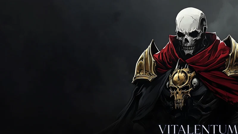 Skull crowned warlord broods beneath a bloodred mantle.