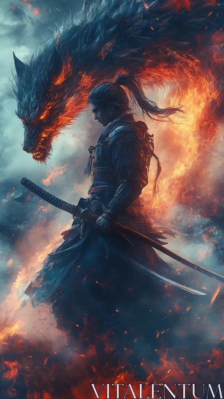 Flamebound samurai walking beside a roaring fire dragon.