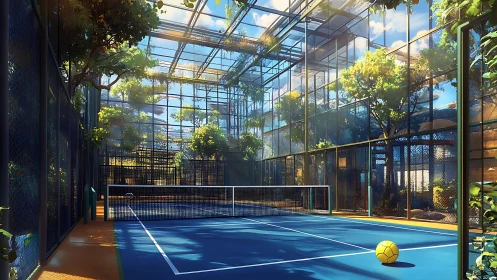 Sunlit indoor tennis court merges glass architecture with trees.
