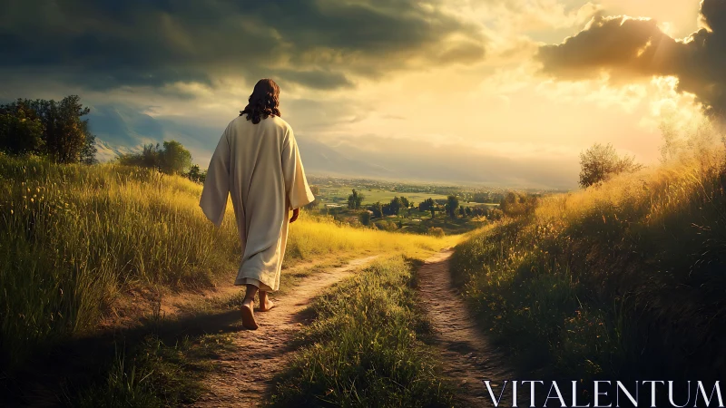 Robe-clad figure walks sunlit country path toward valley