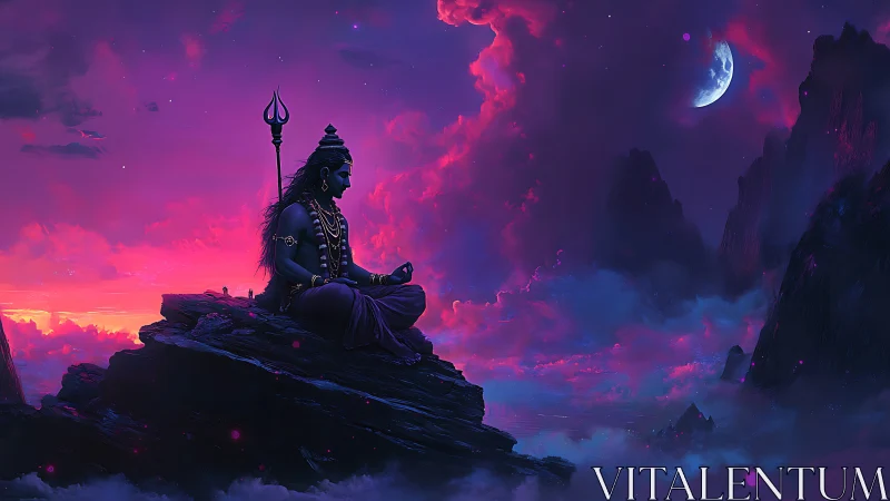 Cosmic meditating deity rests beneath a vivid magenta sky.