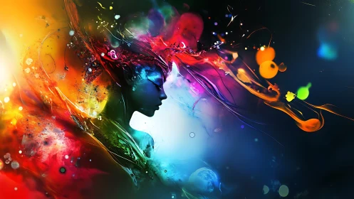 Chromatic spirit silhouette merges with liquid cosmic light.