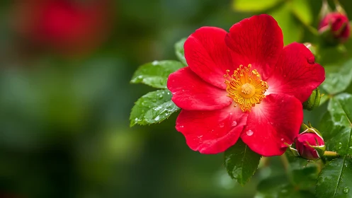 Crimson Rose Blooming in Dewdrop Embrace.