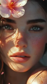 Sunlit freckles glow softly beneath a tender spring blossom