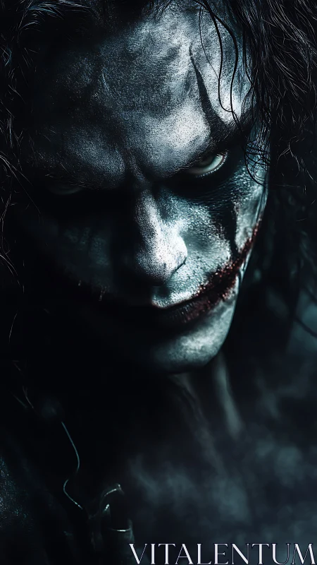 Pale painted face with smeared red mouth stares intensely