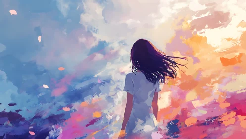 Girl adrift between painted skies and wind-stirred daydreams.