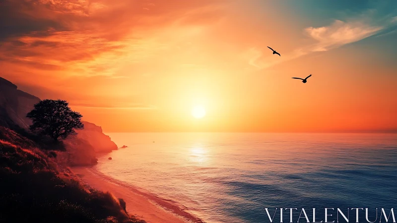 Sunlit coastal cliffs overlook calm ocean at vivid sunset