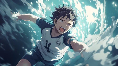 Intense anime volleyball player dives through crashing waves.