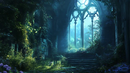 Gothic ruined hall with overgrown foliage and ethereal light