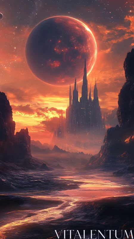 Crimson exoplanet dominates skyline above luminous alien citadel