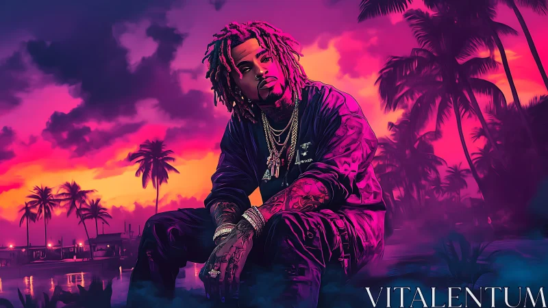 Stylized rapper portrait in neon tropical sunset scene.