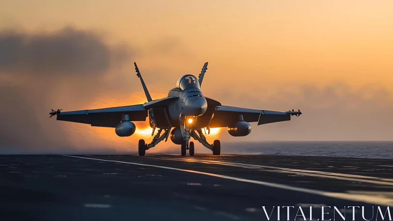 Carrier-based jet on deck at sunrise during takeoff roll.