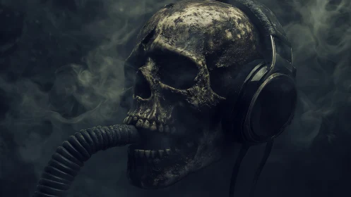 Weathered skull with headset and hose in drifting smoke.