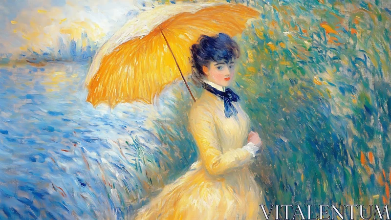 Elegant lady with yellow parasol beside shimmering river