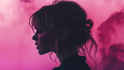 High-contrast female profile silhouette against magenta vapor field