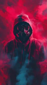 Hooded wanderer in neon smoke, wrapped in moody mystery.