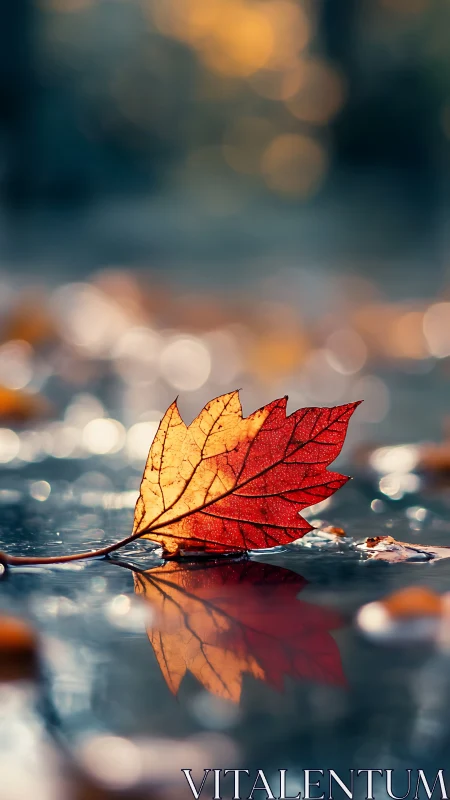 Macro autumn leaf on wet reflective surface with bokeh lights