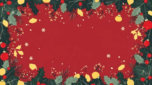 Symmetric red holiday frame with stylized foliage and bauble accents