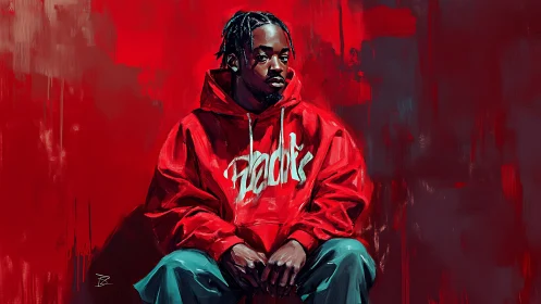 Calm young man in bold red hoodie against vivid backdrop.