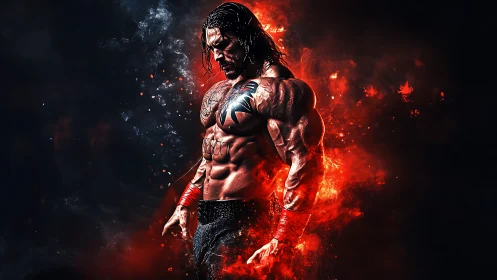 Inferno-forged warrior brooding in embers and shadowed flame.