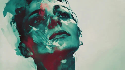 Brushstroked gaze climbs skyward through teal and ember haze