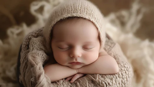 Drowsy Cherub Nestled in Cream Knit Serenity.