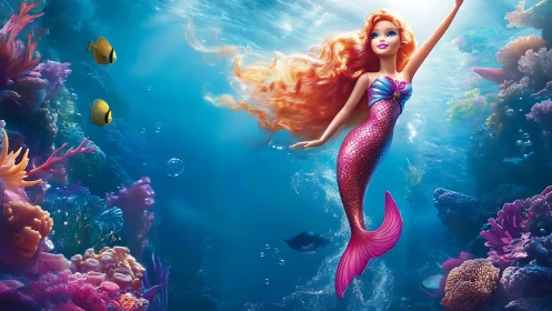 Mermaid doll glides through vibrant coral reef seascape.