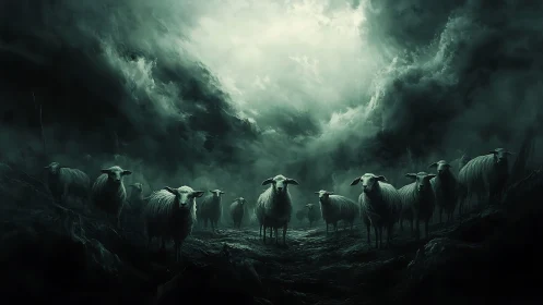 Sheep stand in eerie green mist under stormy night sky.