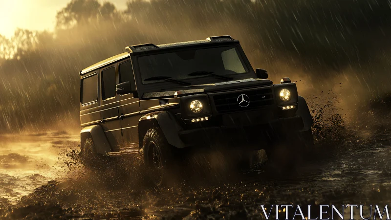 Mercedes G-Class powers through stormy mud trail at dusk.