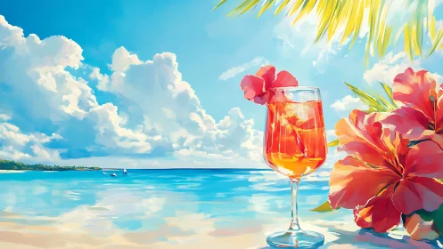 Tropical Paradise: Sunlit Beach Cocktail with Floral Accent.