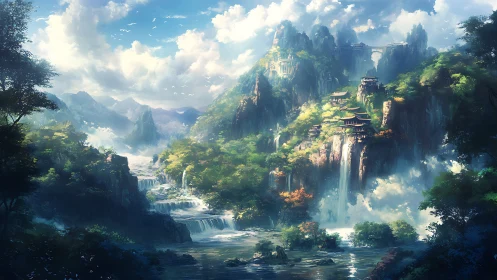 Mountain temples rise above cascading waterfalls and mist