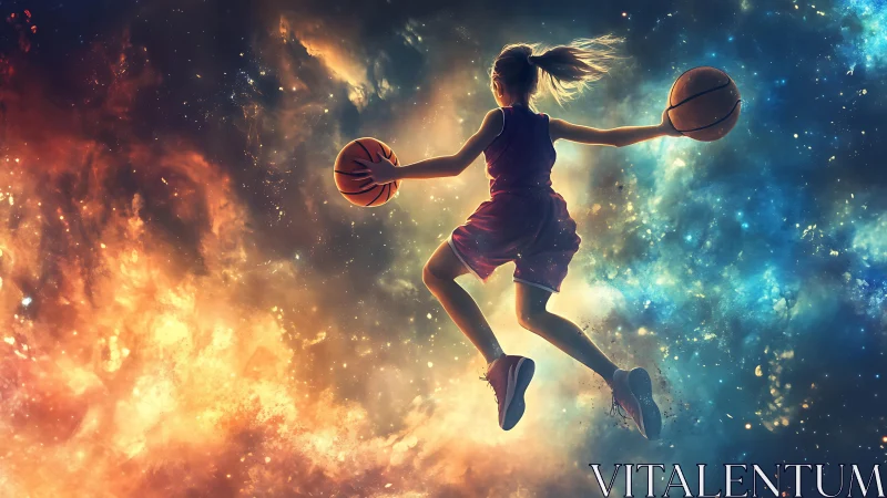 Cosmic basketball girl soars through nebula-lit sky.
