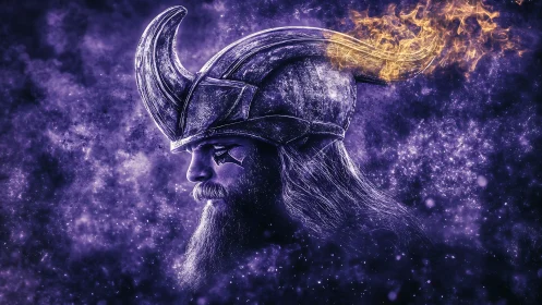 Viking warrior profile burns through cosmic violet nebula