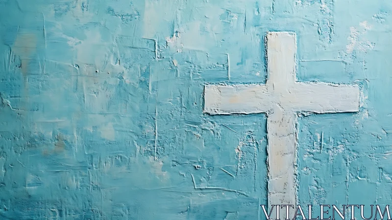 Textured white cross on abstract cyan impasto ground.