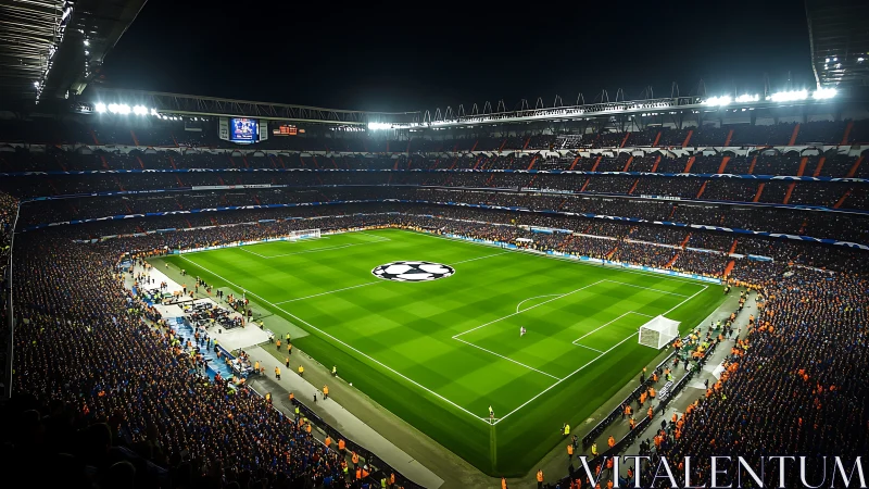 Floodlit football arena packed with crowd on match night.