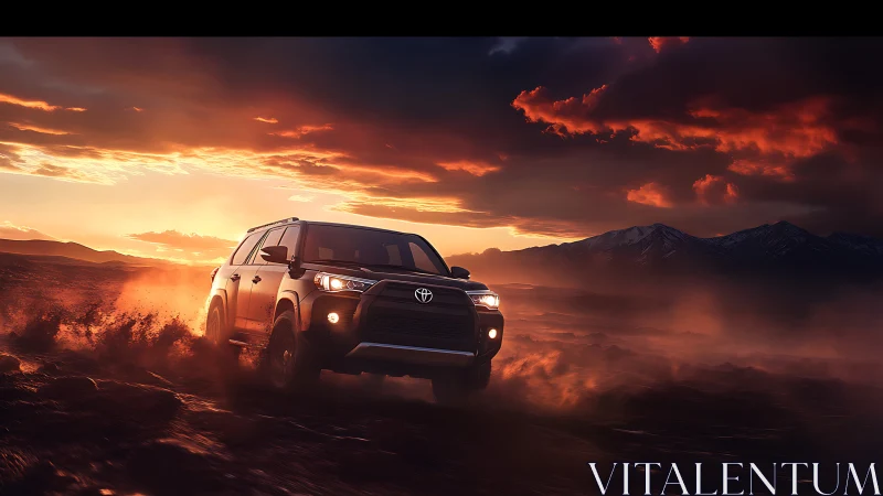 Off-road SUV powers through desert under blazing sunset sky.